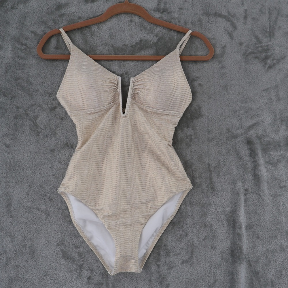 Bar III One Piece Swimsuit Women XS White‎ Gold Metallic V-Neck Lace-Up $94 NWT